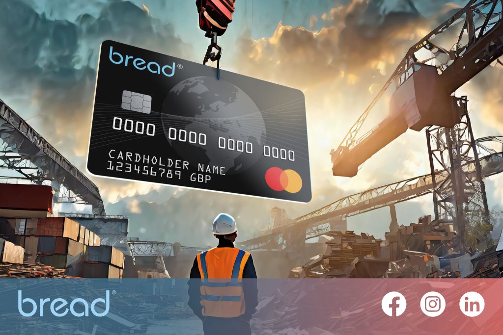 Illustration showcasing Bread4Scrap's payment card being lifted by industrial machinery in a scrap yard setting. The scene highlights modernised payment solutions in the recycling industry, with a worker in high-visibility gear observing the process. The image includes branding and icons for Bread4Scrap's social media platforms: Facebook, Instagram, LinkedIn, and X (formerly Twitter).